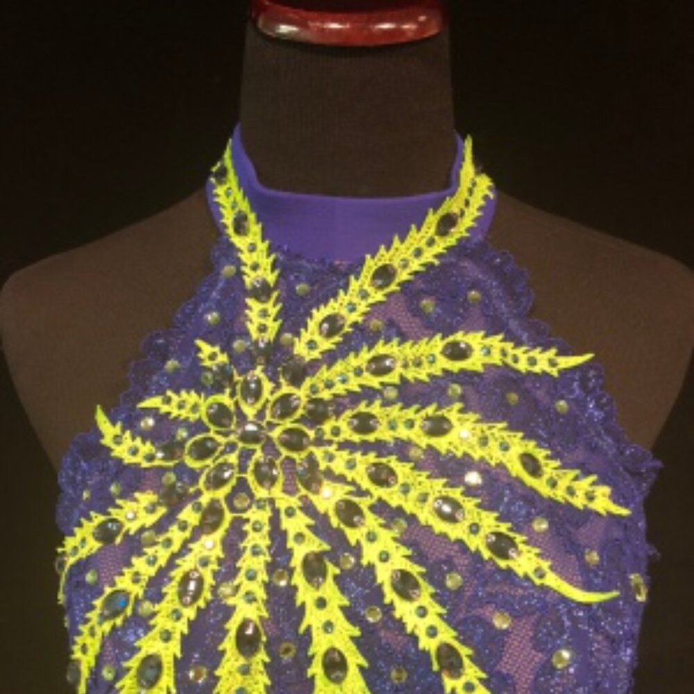 "Royal Blue" Smooth couture ballroom gown, new w/ lime green and swarovski